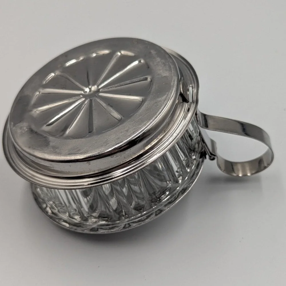 Vintage Jam Jar Glass and Chrome Fluted Hinged Lid Condiment Server OS